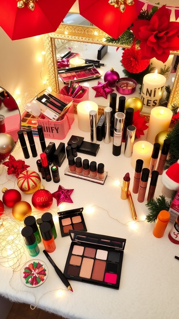 A festive Christmas makeup table with colorful makeup products, ornaments, and fairy lights.